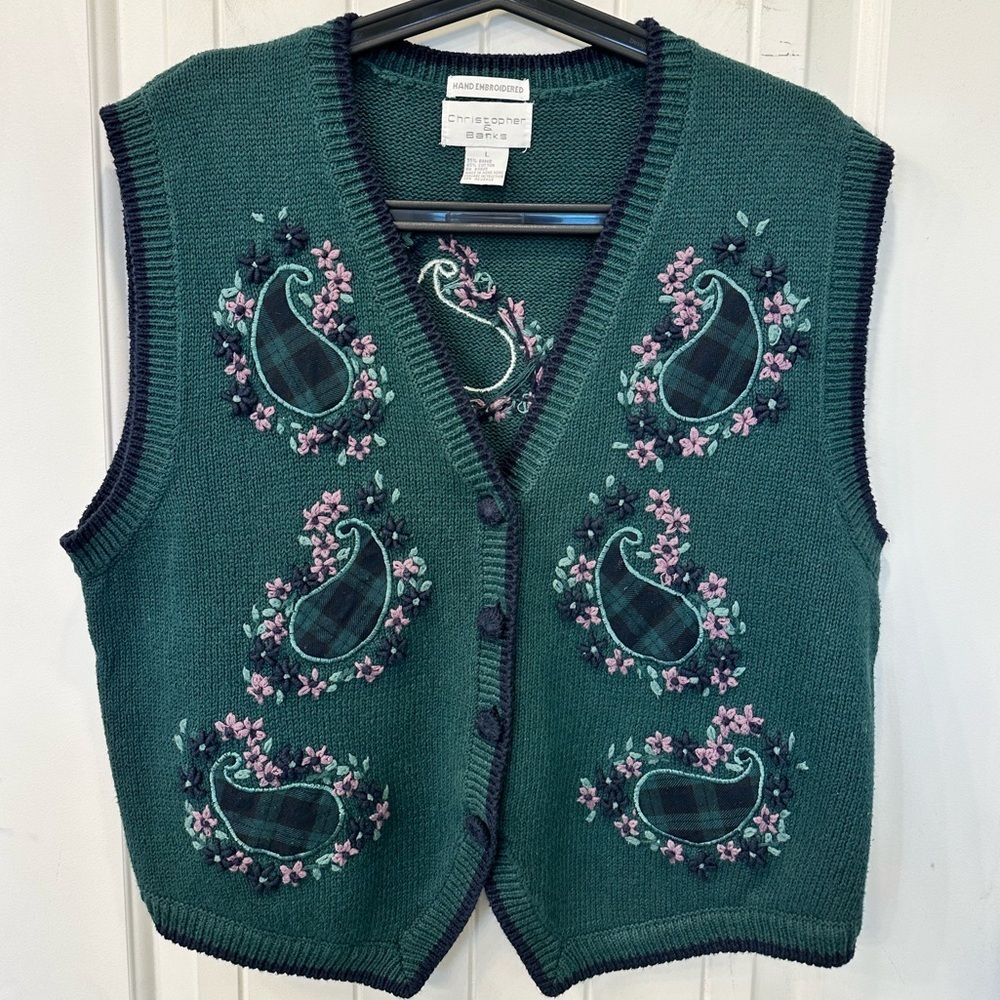 Vtg Christopher & Banks Hand Embroidered Floral Paisley Sweater Vest L